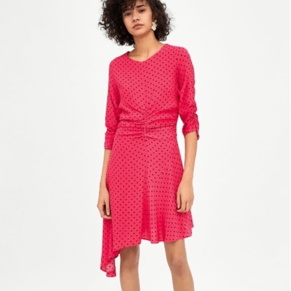 zara pink and black polka dot dress